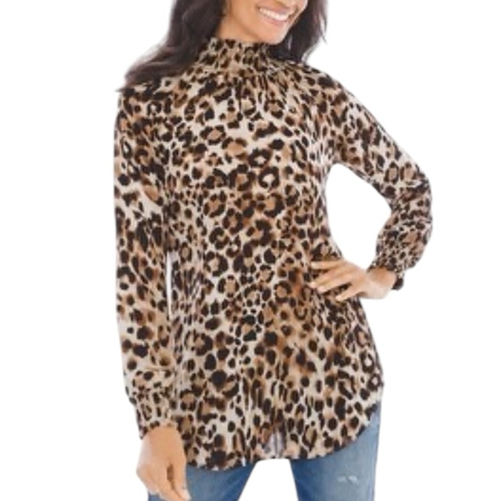 Chico’s Animal‎ Print Cheetah Mock Neck Tunic Smocked Neck Cuffs Elegant Modest - Picture 4 of 15